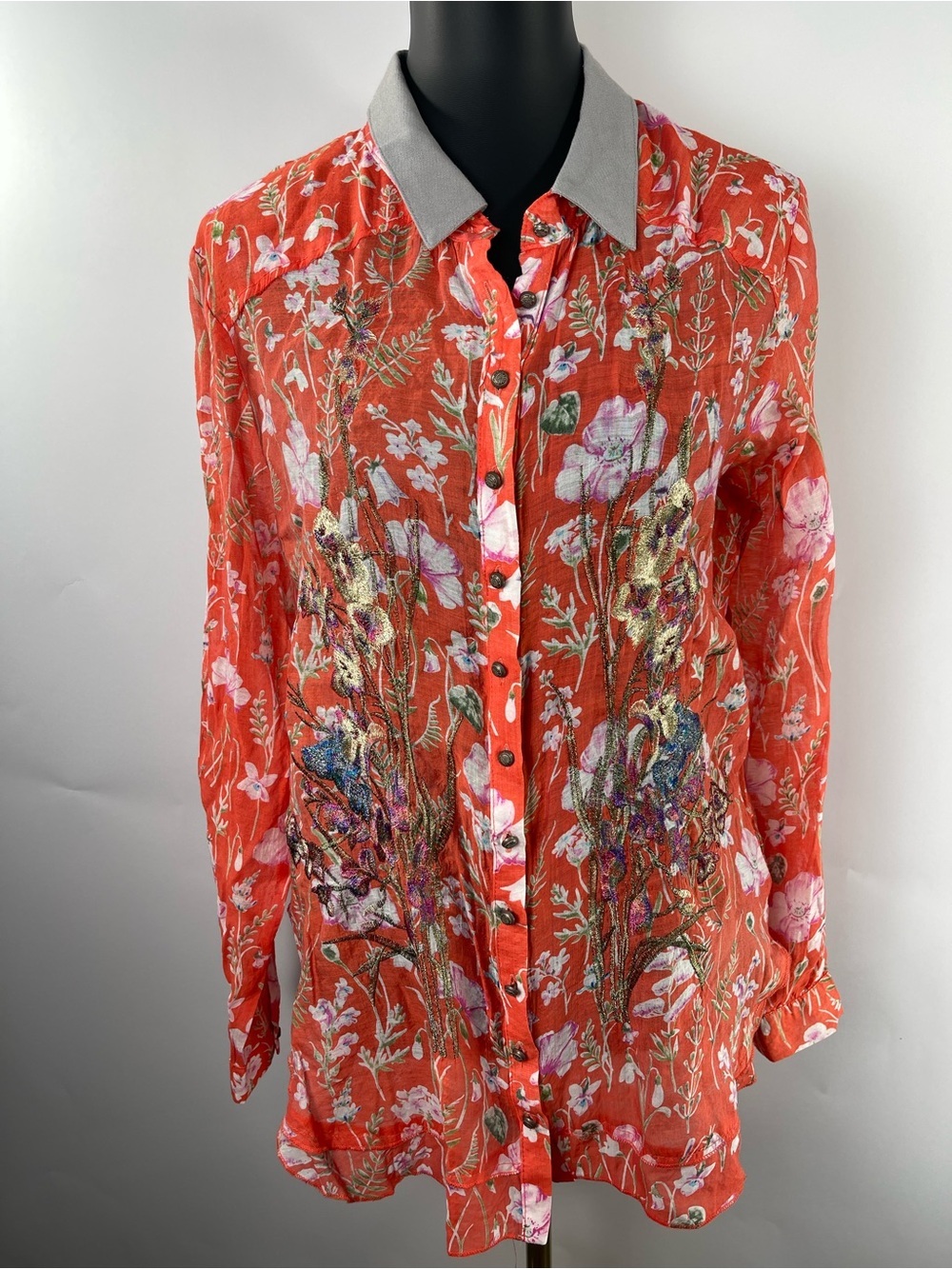 Aratta Floral Metallic Embroidered Bohemian Eclectic Button Up Blouse Medium